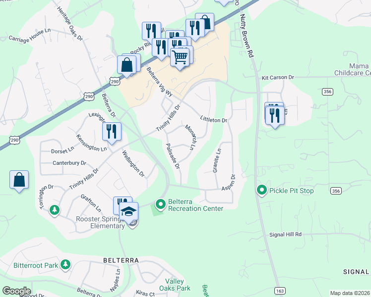 map of restaurants, bars, coffee shops, grocery stores, and more near 136 Eaton Lane in Austin