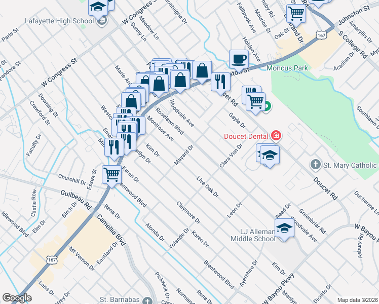 map of restaurants, bars, coffee shops, grocery stores, and more near 300 Montrose Avenue in Lafayette