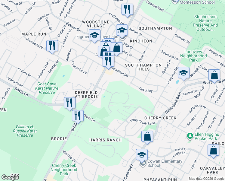 map of restaurants, bars, coffee shops, grocery stores, and more near 8515 Brodie Lane in Austin