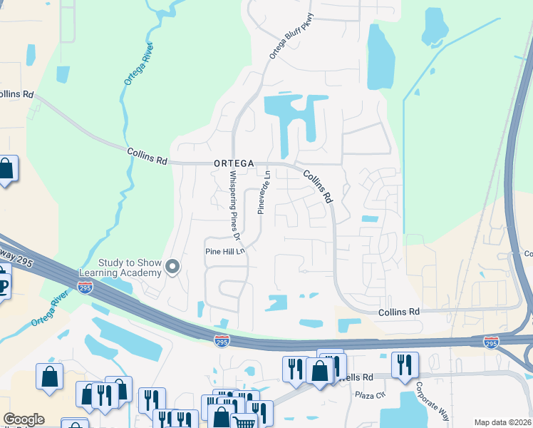 map of restaurants, bars, coffee shops, grocery stores, and more near 8419 Pineverde Lane in Jacksonville