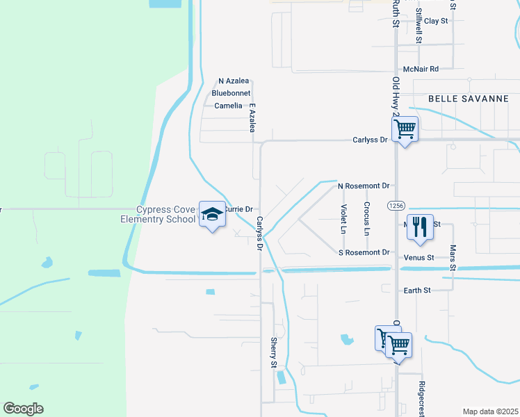 map of restaurants, bars, coffee shops, grocery stores, and more near 598 Carlyss Drive in Sulphur