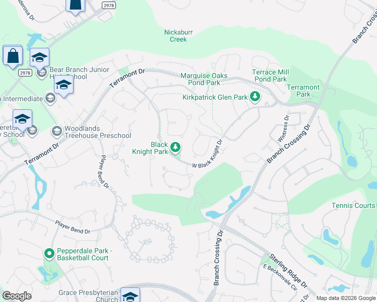 map of restaurants, bars, coffee shops, grocery stores, and more near 46 North Player Manor Circle in The Woodlands