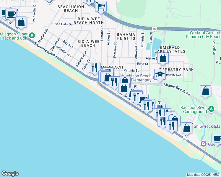map of restaurants, bars, coffee shops, grocery stores, and more near 13410 Front Beach Road in Panama City Beach