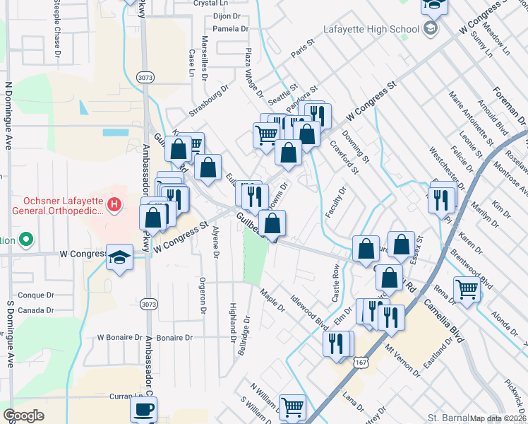 map of restaurants, bars, coffee shops, grocery stores, and more near 205 Bell Downs Circle in Lafayette