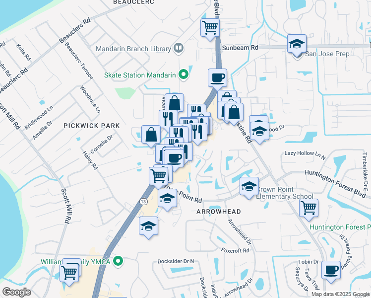 map of restaurants, bars, coffee shops, grocery stores, and more near 3721 San Jose Place in Jacksonville
