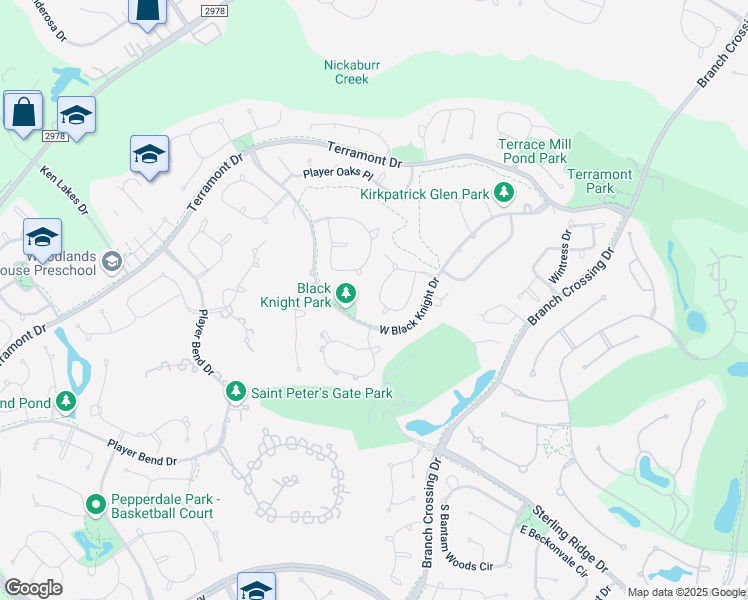 map of restaurants, bars, coffee shops, grocery stores, and more near 46 North Player Manor Circle in The Woodlands