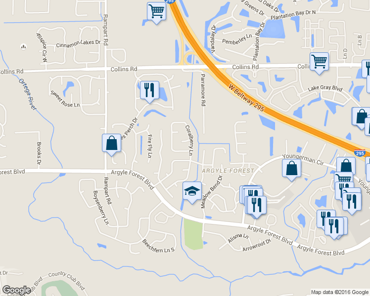 map of restaurants, bars, coffee shops, grocery stores, and more near 6817 Coralberry Lane South in Jacksonville