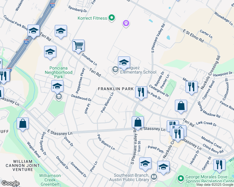 map of restaurants, bars, coffee shops, grocery stores, and more near 2405 Teri Road in Austin