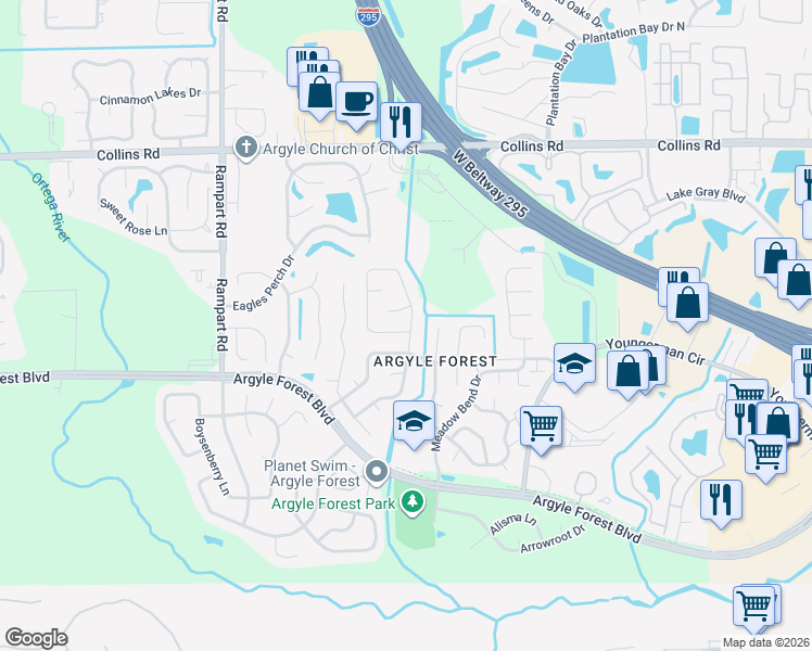 map of restaurants, bars, coffee shops, grocery stores, and more near 8184 Coralberry Lane in Jacksonville