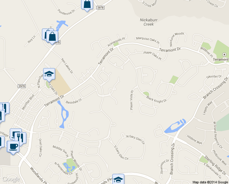 map of restaurants, bars, coffee shops, grocery stores, and more near 6 Players Pines Court in The Woodlands