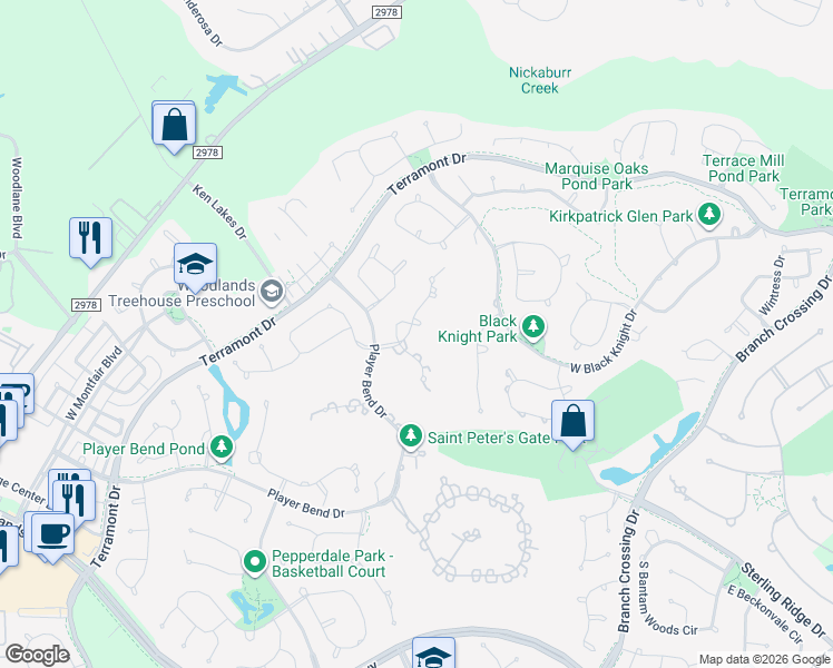 map of restaurants, bars, coffee shops, grocery stores, and more near 6 Players Pines Court in The Woodlands