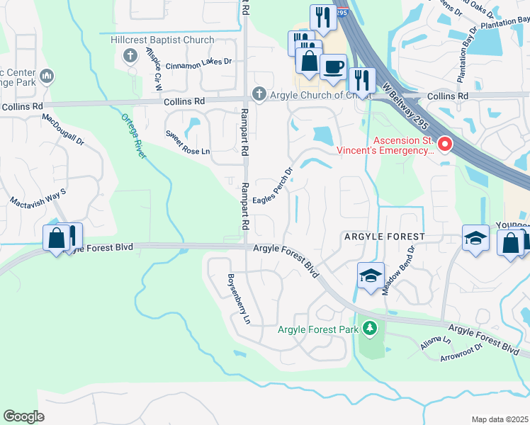 map of restaurants, bars, coffee shops, grocery stores, and more near 7257 Argyle Corners Drive in Jacksonville