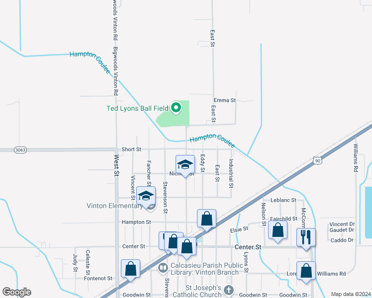 map of restaurants, bars, coffee shops, grocery stores, and more near 900 Horridge Street in Vinton