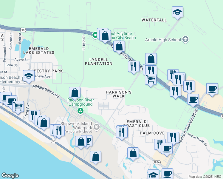 map of restaurants, bars, coffee shops, grocery stores, and more near 332 Madison Circle in Panama City Beach