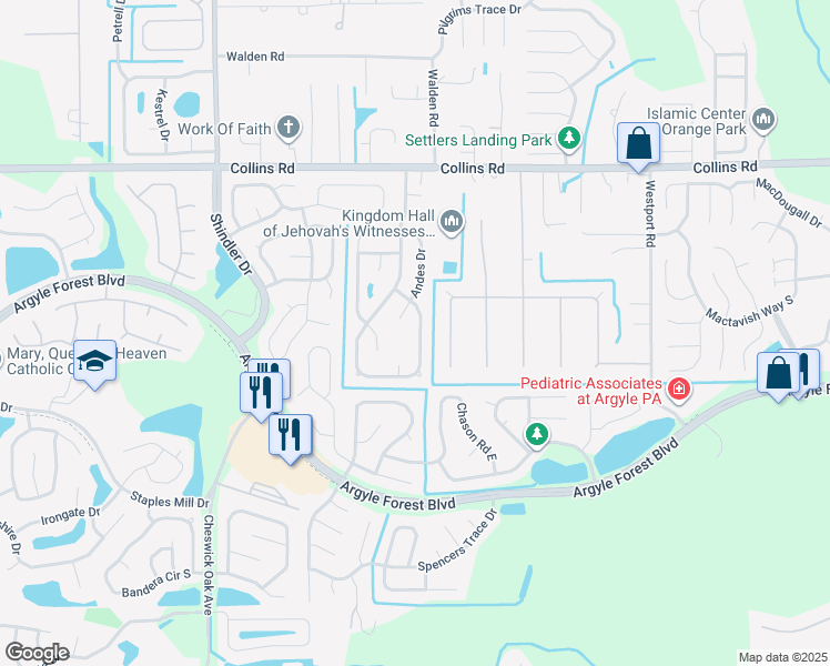 map of restaurants, bars, coffee shops, grocery stores, and more near 7828 Collins Ridge Boulevard South in Jacksonville