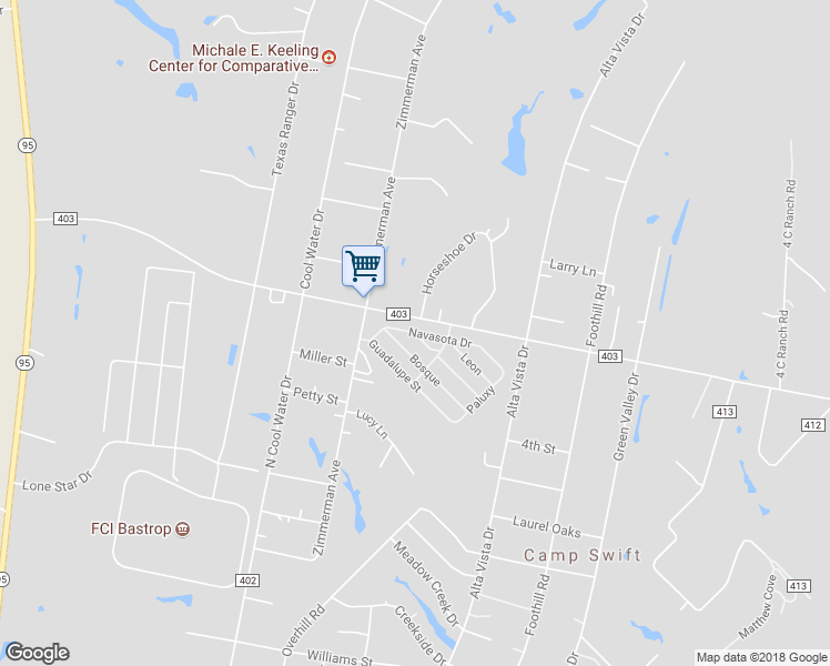 map of restaurants, bars, coffee shops, grocery stores, and more near 101 Neches Drive in Bastrop