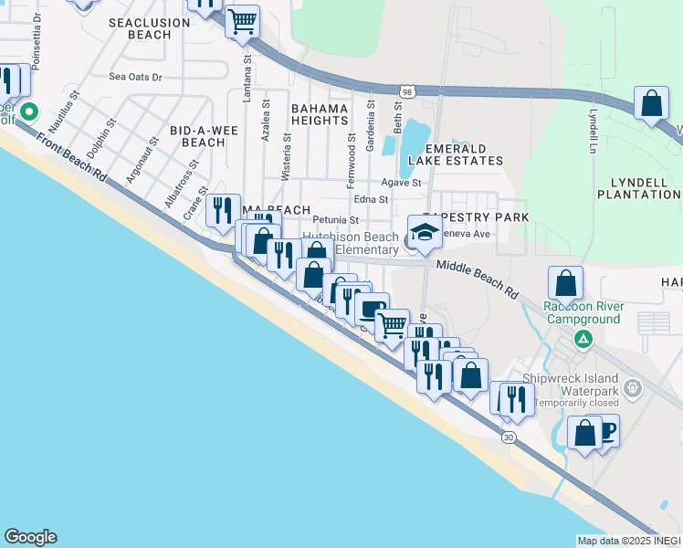 map of restaurants, bars, coffee shops, grocery stores, and more near 605 Evergreen Street in Panama City