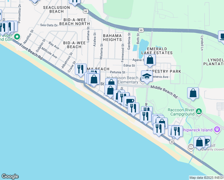 map of restaurants, bars, coffee shops, grocery stores, and more near 13216 Hibiscus Street in Panama City Beach