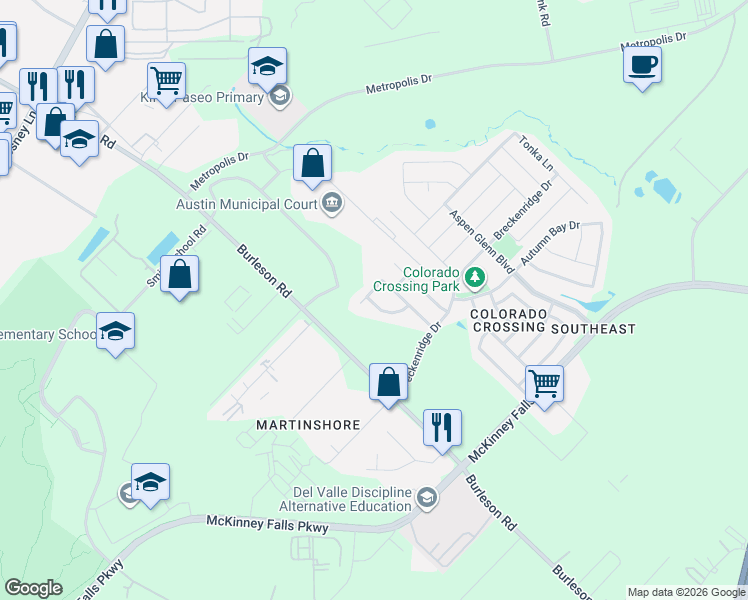 map of restaurants, bars, coffee shops, grocery stores, and more near 6817 Crestone Road in Austin