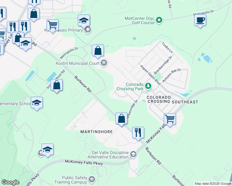 map of restaurants, bars, coffee shops, grocery stores, and more near 6817 Crestone Road in Austin