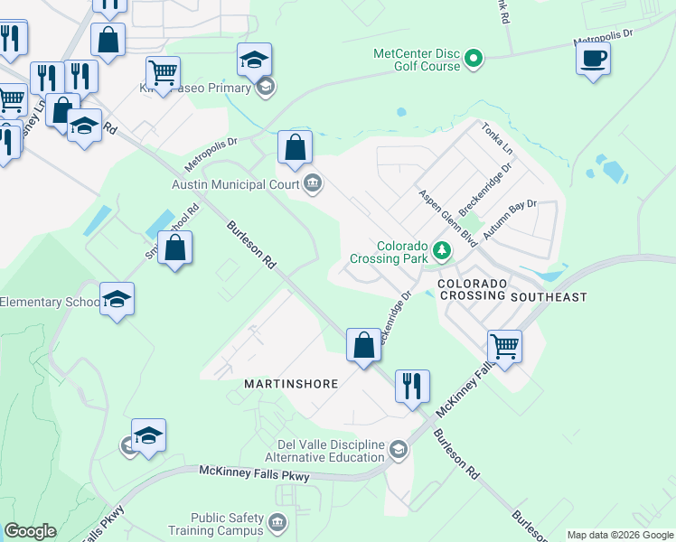 map of restaurants, bars, coffee shops, grocery stores, and more near 6817 Crestone Road in Austin