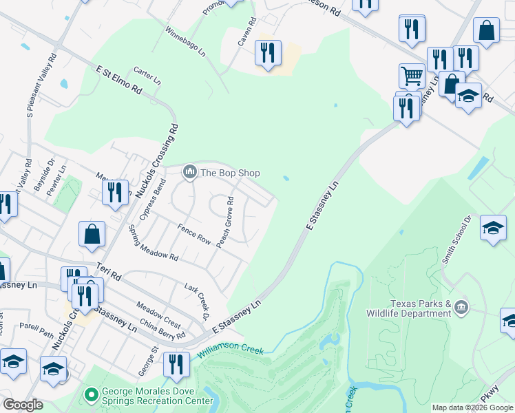 map of restaurants, bars, coffee shops, grocery stores, and more near 5608 Apple Orchard Lane in Austin
