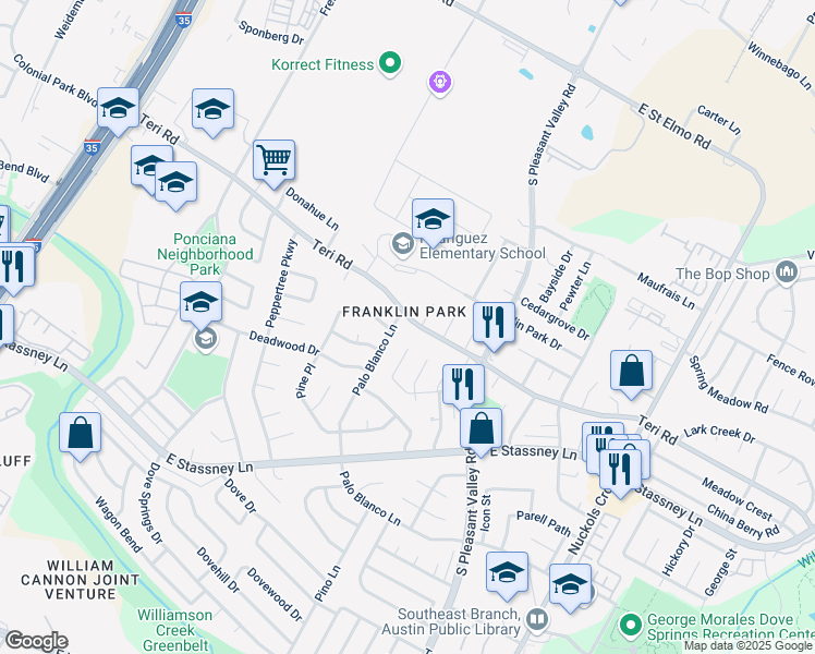 map of restaurants, bars, coffee shops, grocery stores, and more near 5105 Palo Blanco Lane in Austin
