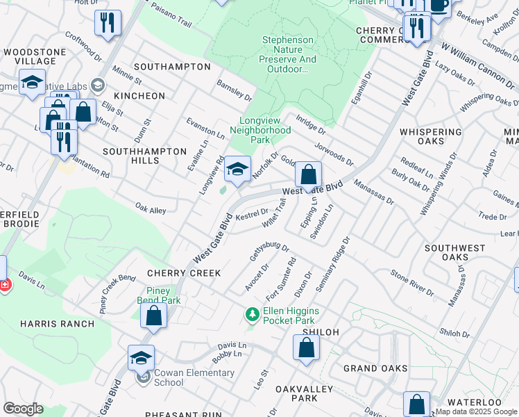 map of restaurants, bars, coffee shops, grocery stores, and more near 3000 Kestrel Drive in Austin