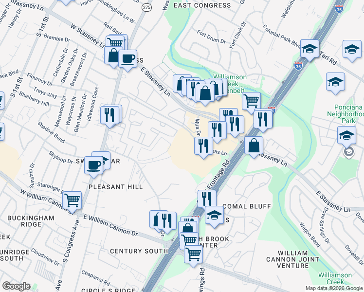 map of restaurants, bars, coffee shops, grocery stores, and more near 901 Little Texas Lane in Austin
