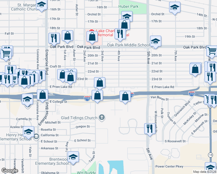 map of restaurants, bars, coffee shops, grocery stores, and more near 1810 E Prien Lake Rd in Lake Charles