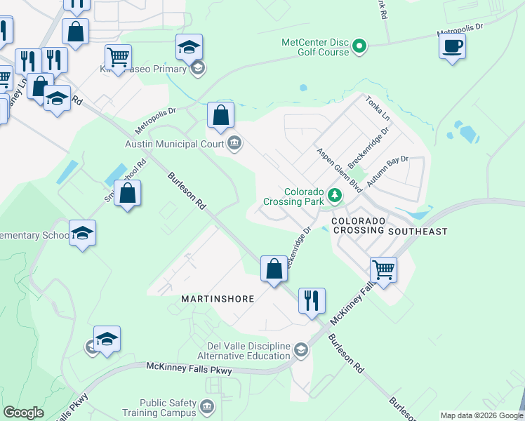 map of restaurants, bars, coffee shops, grocery stores, and more near 6817 Crestone Road in Austin