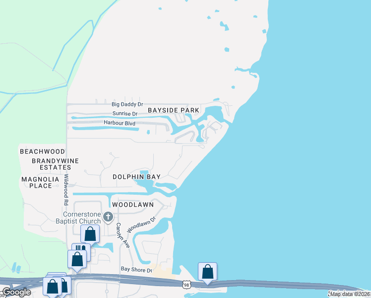 map of restaurants, bars, coffee shops, grocery stores, and more near 6402 Dolphin Shores Drive in Panama City