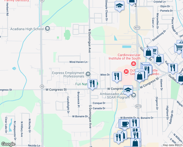 map of restaurants, bars, coffee shops, grocery stores, and more near 202 North Domingue Avenue in Lafayette