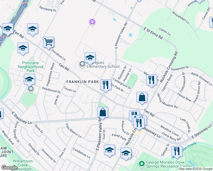 map of restaurants, bars, coffee shops, grocery stores, and more near 4603 Franklin Park Drive in Austin