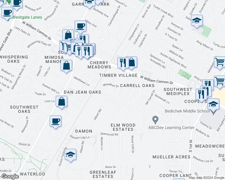 map of restaurants, bars, coffee shops, grocery stores, and more near 7004 Ivory Key Court in Austin