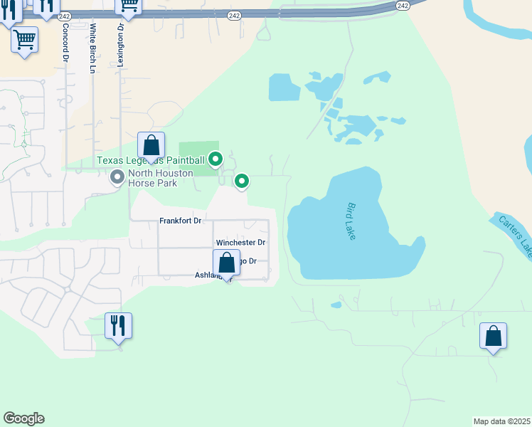 map of restaurants, bars, coffee shops, grocery stores, and more near 1517 Frankfort Drive in Conroe