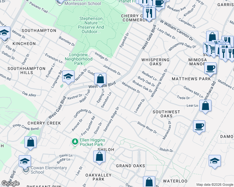 map of restaurants, bars, coffee shops, grocery stores, and more near 2608 Brisbane Road in Austin