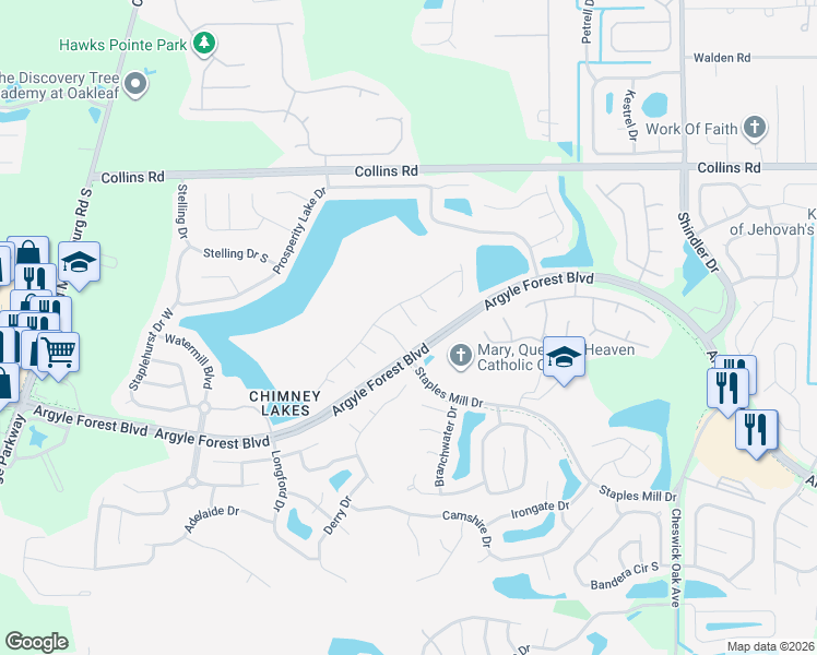 map of restaurants, bars, coffee shops, grocery stores, and more near 8086 Keswick Court in Jacksonville