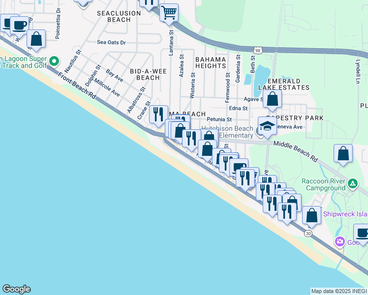 map of restaurants, bars, coffee shops, grocery stores, and more near 13412 Front Beach Road in Panama City Beach