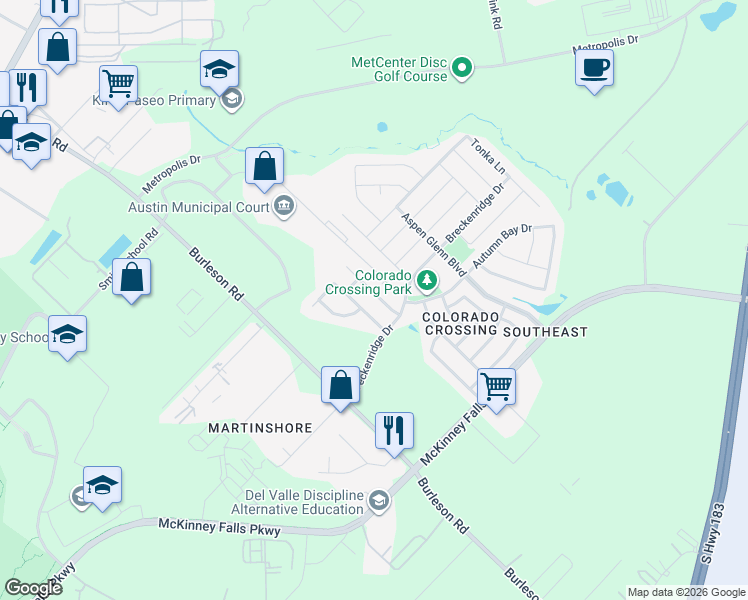 map of restaurants, bars, coffee shops, grocery stores, and more near 7221 Outfitter Drive in Austin