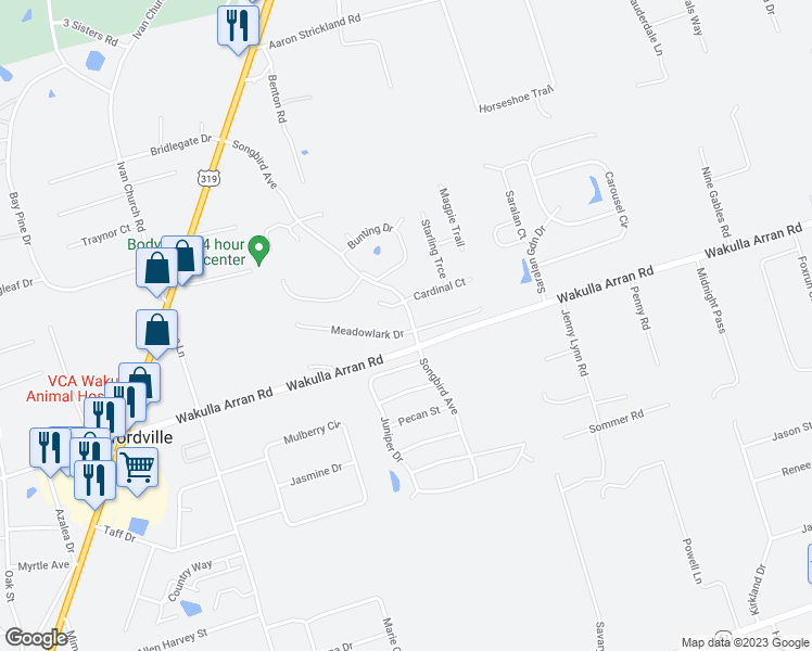 map of restaurants, bars, coffee shops, grocery stores, and more near 6 Meadowlark Drive in Crawfordville