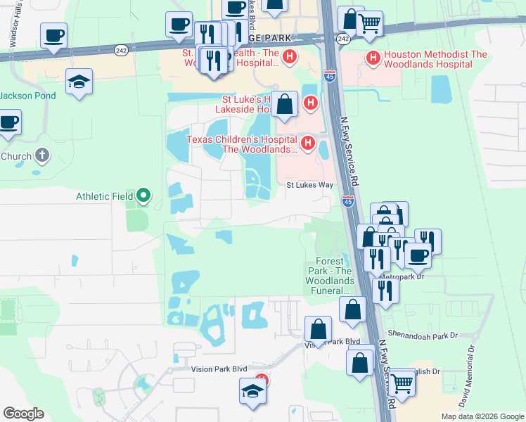 map of restaurants, bars, coffee shops, grocery stores, and more near 504 Catfish Lane in Conroe