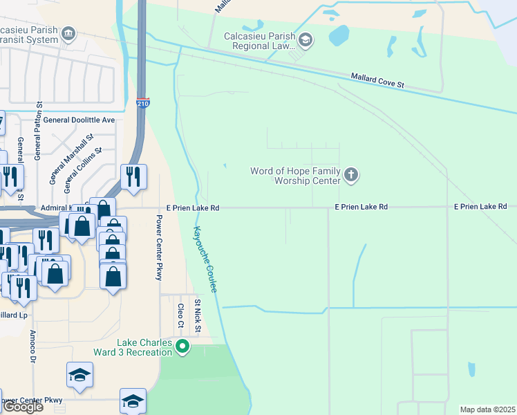 map of restaurants, bars, coffee shops, grocery stores, and more near 4092 E Prien Lake Rd in Lake Charles