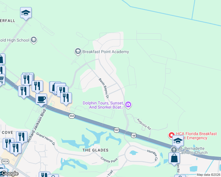 map of restaurants, bars, coffee shops, grocery stores, and more near 407 Breakfast Point Boulevard in Panama City Beach