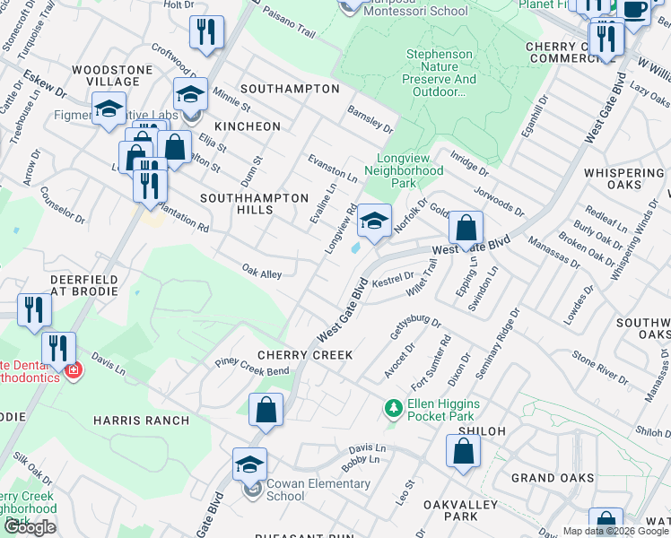 map of restaurants, bars, coffee shops, grocery stores, and more near 8109 Longview Road in Austin