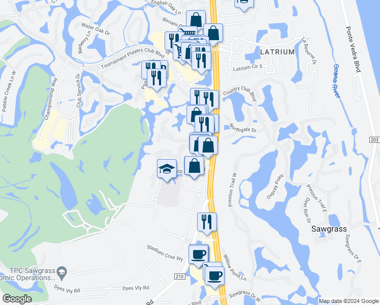 map of restaurants, bars, coffee shops, grocery stores, and more near 211 Colima Court in Ponte Vedra Beach