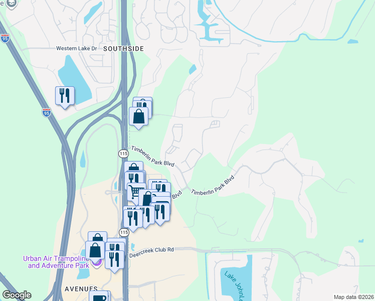 map of restaurants, bars, coffee shops, grocery stores, and more near 7701 Timberlin Park Boulevard in Jacksonville