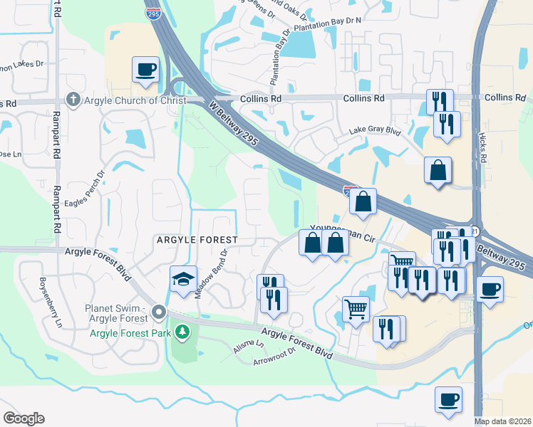 map of restaurants, bars, coffee shops, grocery stores, and more near 8291 Honeysuckle Lane in Jacksonville