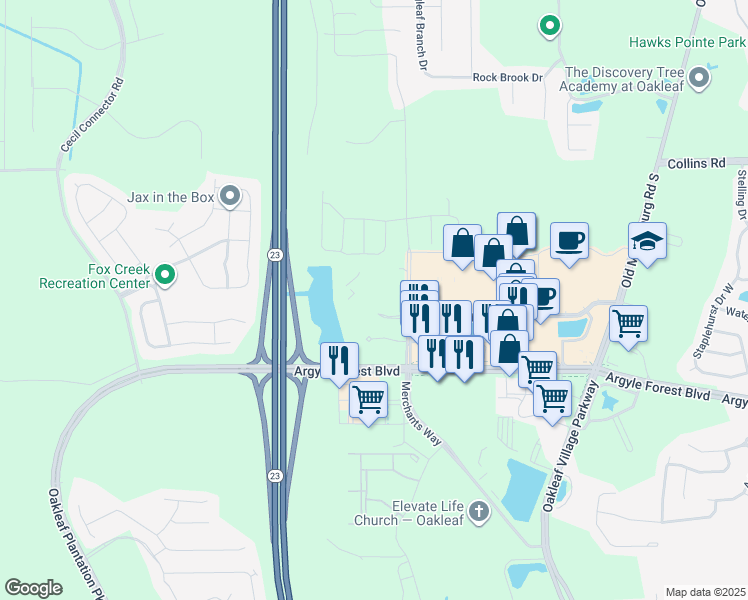map of restaurants, bars, coffee shops, grocery stores, and more near 9849 Crosshill Boulevard in Jacksonville
