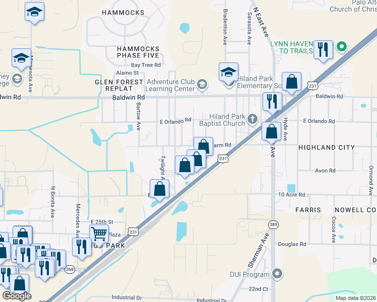 map of restaurants, bars, coffee shops, grocery stores, and more near 2306 Game Farm Road in Panama City
